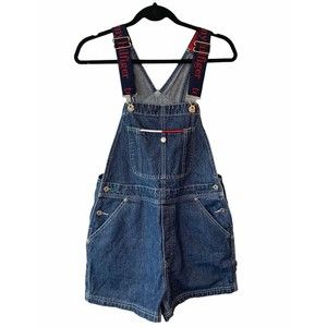 Vintage Tommy Hilfiger Denim Overalls Shorts Spell Out Straps Size M 90s Pockets